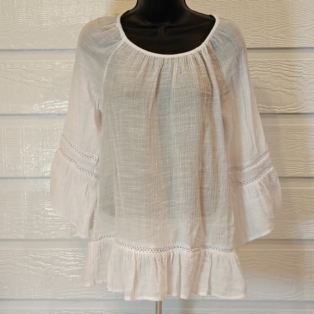 Counterparts Top Size S White Crochet Inlay Bell Sleeve Boho Peasant Blouse